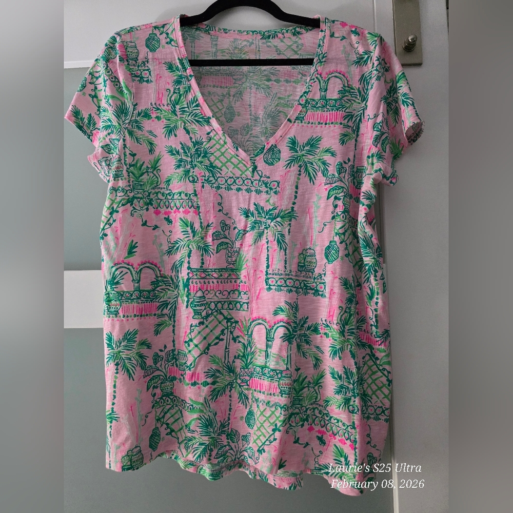 Pink and Green Tropical Print V-Neck Top